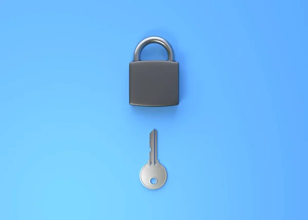 Lock Key Fly Bright Blue Background Security Concept Rendering Illustration — Stock Photo, Image