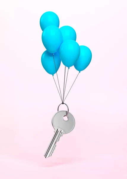 一个带戒指的钥匙在粉色背景的气球上飞舞 最低纲领的概念 房地产 建筑或保险代理的概念说明 3D渲染说明 — 图库照片