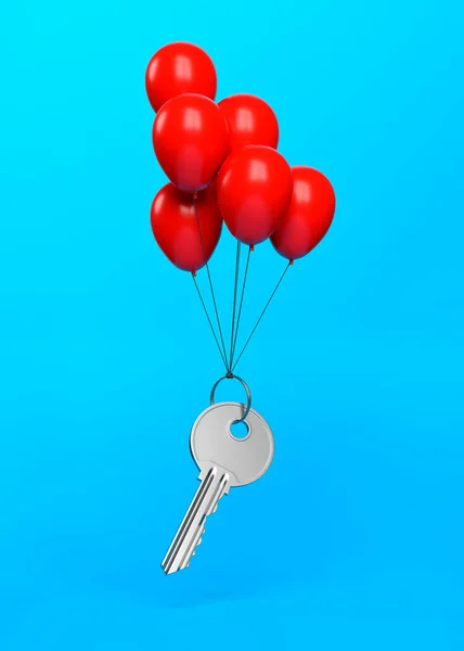 一个带戒指的钥匙在蓝色背景的气球上飞舞 最低纲领的概念 房地产 建筑或保险代理的概念说明 3D渲染说明 — 图库照片