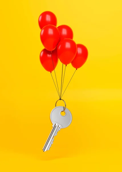 一个带戒指的钥匙在黄色背景的气球上飞舞 最低纲领的概念 房地产 建筑或保险代理的概念说明 3D渲染说明 — 图库照片