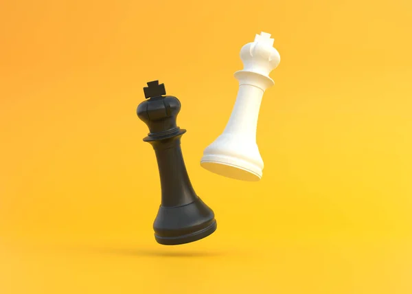 现实的国王在明亮的黄色背景与复制空间 国际象棋棋子最小的创造性战斗概念 3D渲染3D示例 — 图库照片