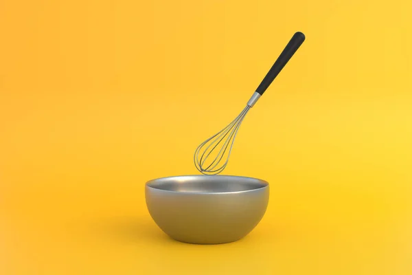 Металева Миска Вусами Приготування Тіста Жовтому Фоні Процес Приготування Їжі — стокове фото