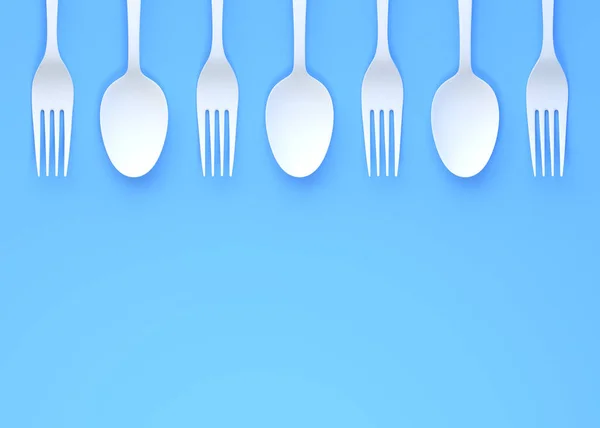 叉子和勺子的蓝色背景 顶部视图 家庭厨房用具和炊具 3D渲染3D示例 — 图库照片