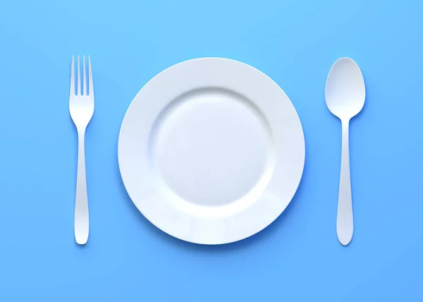 Κενό Πιάτο Πιρούνι Και Μαχαίρι Απομονώνονται Μπλε Φόντο Ελάχιστη Δημιουργική — Φωτογραφία Αρχείου
