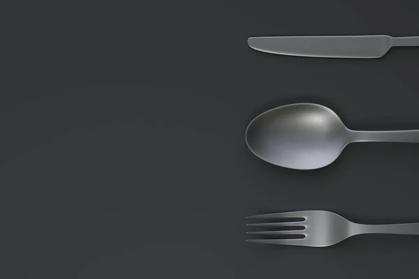 勺子和刀 隔离在黑色背景 家庭厨房用具和炊具 顶部视图 3D渲染3D示例 — 图库照片
