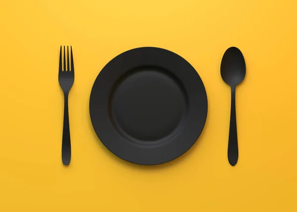 Placa Vacía Tenedor Cuchillo Aislados Sobre Fondo Amarillo Concepto Creativo —  Fotos de Stock