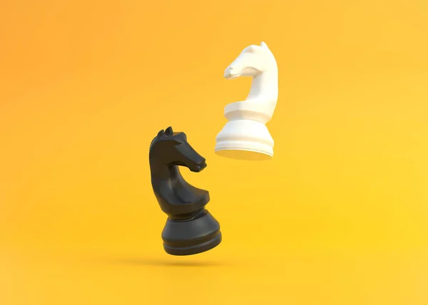 现实骑士在明亮的黄色背景与复制空间 国际象棋棋子最小的创造性战斗概念 3D渲染3D示例 — 图库照片