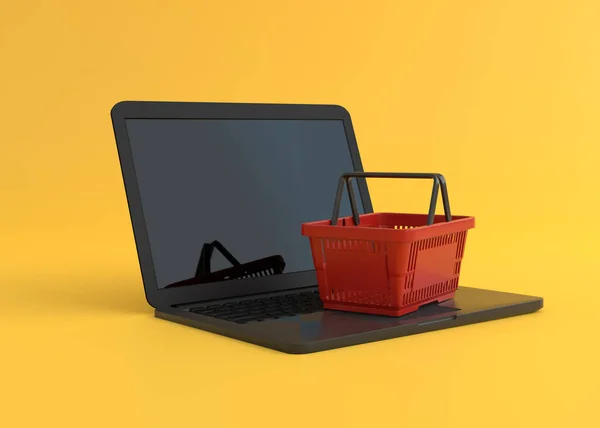 ノートパソコン上の赤い買い物かご 黄色の背景に隔離された オンラインショッピングや広告の概念 3Dレンダリング図 — ストック写真