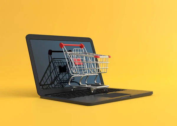 Shopping cart over a laptop computer, isolated on yellow background. Shopping Trolley. Grocery push cart. Online shopping and advertising concept. 3d render illustration