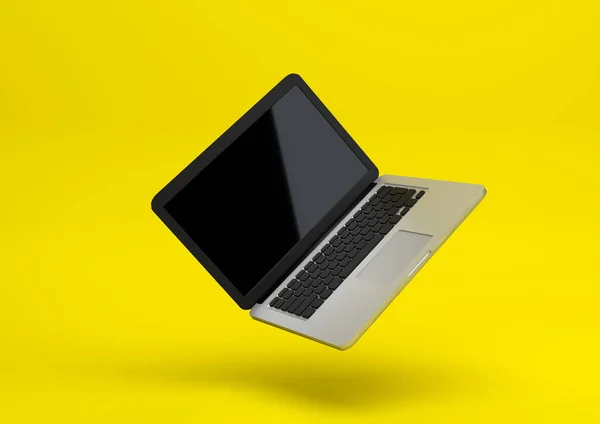 stock image Laptop notebook mock up with pastel yellow color background. Float and levitate laptop. Technology gadget. Minimal creative concept High resolution 3D Render Illustration