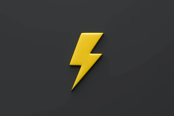 黒の背景に黄色の稲妻アイコン フラッシュ アイコン 充電フラッシュアイコン サンダーボルト 最小限の概念 3Dレンダリング図 — ストック写真