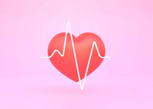 ピンクの背景に白い脈線のアイコンを持つ赤いハート 心拍数 ハートビートライン 心臓グラム 心臓支援 パルスビート測定 医療の概念 3Dレンダリング — ストック写真
