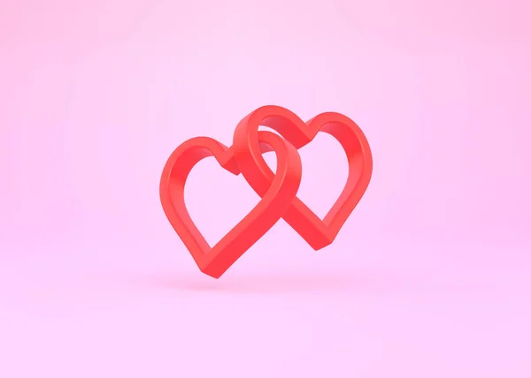 Dwa Serca Połączone Sobą Różowym Tle Renderowanie Ilustracja — Zdjęcie stockowe