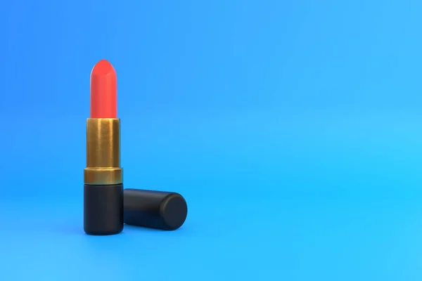 コピースペースのあるパステルブルーの背景に赤い口紅のクローズアップ 化粧のための女性の化粧品 美しさの概念 正面図 3Dレンダリング図 — ストック写真