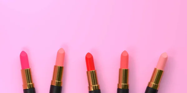 Batons Close Fundo Rosa Pastel Com Espaço Cópia Cosméticos Femininos — Fotografia de Stock