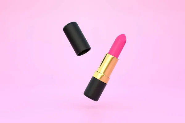 コピースペースのあるパステルピンクの背景にリップスティックのクローズアップ 化粧のための女性の化粧品 美しさの概念 正面図 3Dレンダリング図 — ストック写真