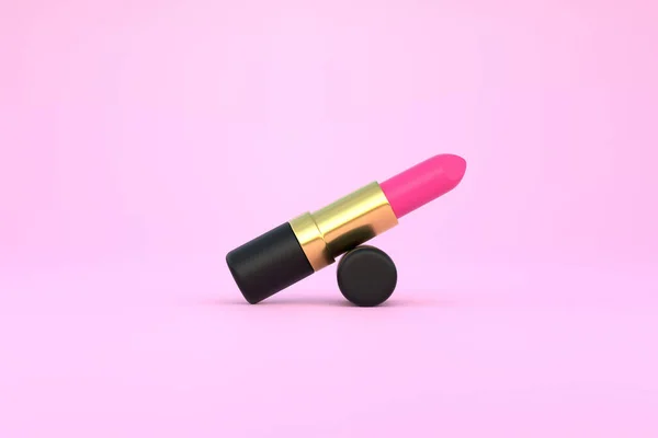 コピースペースのあるパステルピンクの背景にピンクの口紅のクローズアップ 化粧のための女性の化粧品 美しさの概念 正面図 3Dレンダリング図 — ストック写真