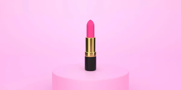 コピースペースのあるパステルピンクの背景にピンクの口紅のクローズアップ 化粧のための女性の化粧品 美しさの概念 正面図 3Dレンダリング図 — ストック写真