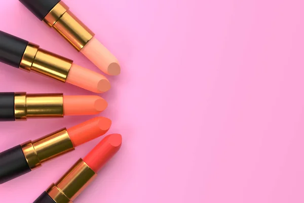 Batons Close Fundo Rosa Pastel Com Espaço Cópia Cosméticos Femininos — Fotografia de Stock