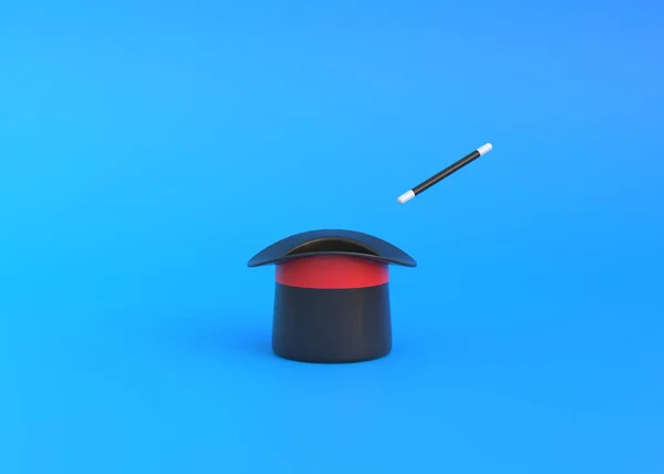青い背景に赤いリボンと魔法の杖を持つ魔術師の帽子 3Dレンダリング図 — ストック写真
