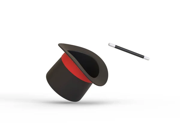 有红色缎带和白色背景的魔杖的魔术师帽 3D渲染说明 — 图库照片