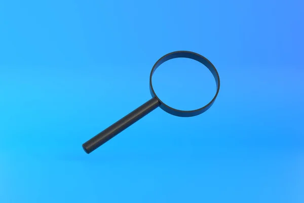 Magnifying Glass Flies Soars Blue Background Search Find Discover Concept — Stock Photo, Image