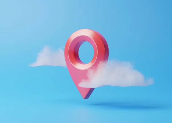 青い背景に雲の中を飛んでいる赤い地図の位置点マーカーやナビゲーションピンのアイコン記号 3Dレンダリング図 — ストック写真