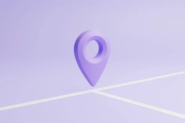 紫色の背景に道路や交差点の分岐点で地図やナビゲーションピンのアイコン記号の位置点マーカーをマップします 3Dレンダリング図 — ストック写真