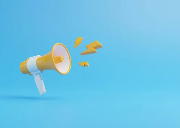 stock image Loudspeaker and Megaphone announcement with lightings on blue background with copy space. Concept of join us, job vacancy and announcement. artoon style design. 3D render illustration
