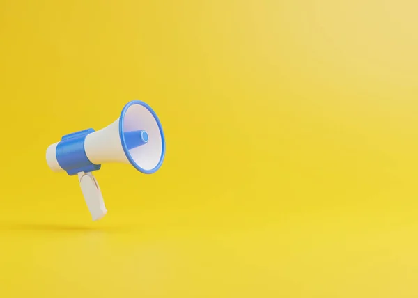 Loudspeaker and Megaphone announcement on yellow background with copy space. Concept of join us, job vacancy and announcement. Cartoon style design. 3D render illustration