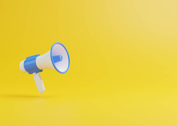 Loudspeaker and Megaphone announcement on yellow background with copy space. Concept of join us, job vacancy and announcement. Cartoon style design. 3D render illustration