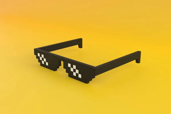 黄色の背景にミームピクセルの眼鏡 ミニマルなコンセプト 3Dレンダリング3Dイラスト — ストック写真