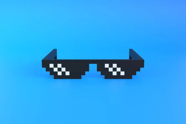青い背景にミームピクセルの眼鏡 ピクセルアートグラスのフロントビュー ミニマルなコンセプト 3Dレンダリング3Dイラスト — ストック写真