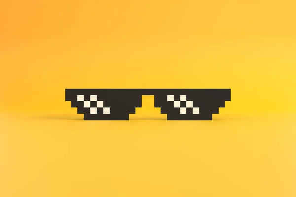 黄色の背景にミームピクセルの眼鏡 ピクセルアートグラスのフロントビュー ミニマルなコンセプト 3Dレンダリング3Dイラスト — ストック写真