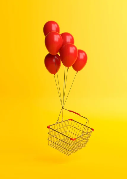 Flygande Metall Shopping Korg Med Ballonger Gul Bakgrund Minimalistiskt Koncept — Stockfoto