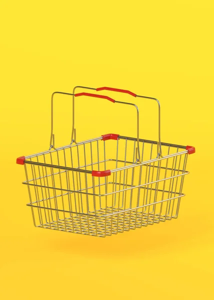 黄色の背景に空の金属ショッピングバスケット 3Dレンダリング図 — ストック写真