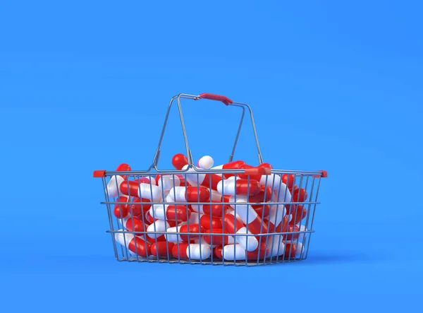 コピースペースと青の背景に金属ショッピングバスケットに赤白の錠剤のヒープ 医学の概念 最小限の抽象概念 3Dレンダリング図 — ストック写真