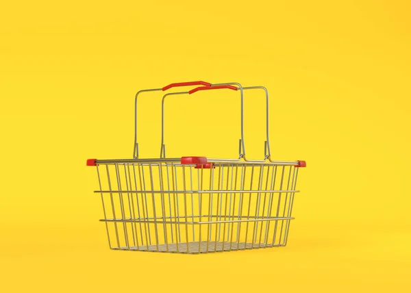Empty Metal Shopping Basket Yellow Background Rendering Illustration — Stock Photo, Image