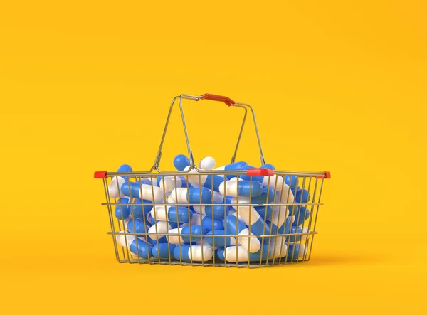 コピースペースと黄色の背景に金属ショッピングバスケットに青白の錠剤のヒープ 医学の概念 最小限の抽象概念 3Dレンダリング図 — ストック写真