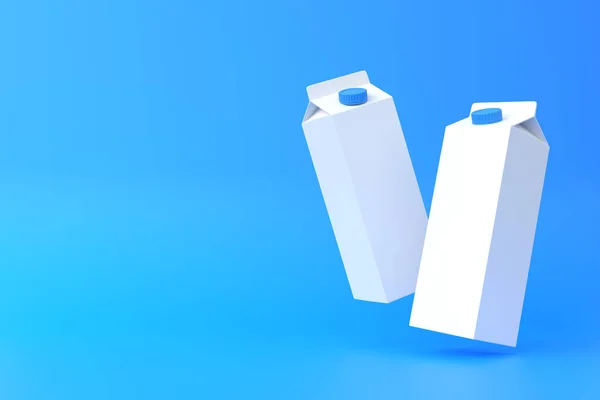 Caída Envases Cartón Leche Sobre Fondo Azul Concepto Productos Lácteos —  Fotos de Stock