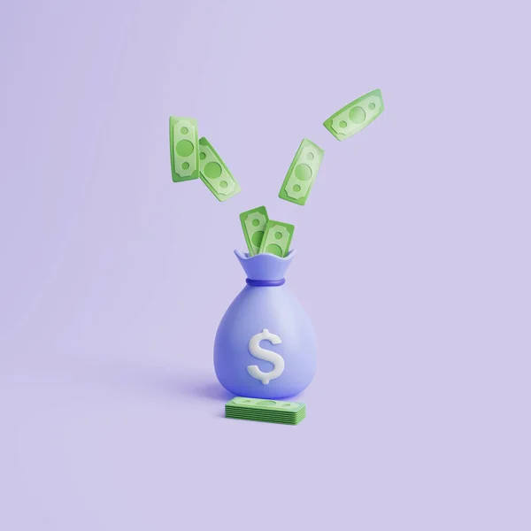 Money Bag White Dollar Sign Flying Green Banknotes Purple Pastel — Stock Photo, Image
