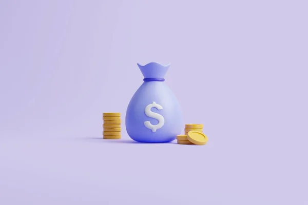 白いドル記号と紫のパステルカラーの背景に金のコインのパイとマネーバッグ ミニマリストの漫画スタイル ビジネス 金融投資または貯蓄の概念 3Dレンダリング図 — ストック写真