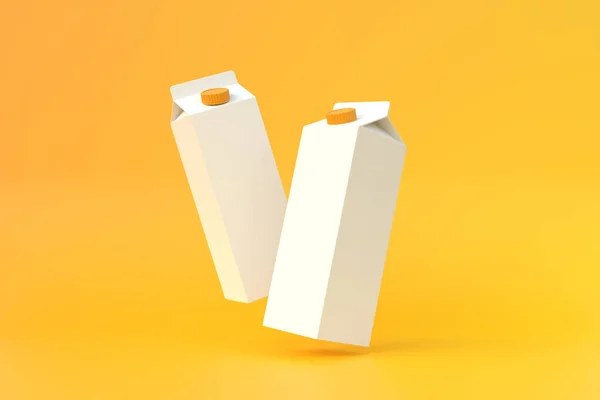 牛奶纸盒掉在黄色的背景上 乳制品概念 模拟模版 3D渲染3D示例 — 图库照片
