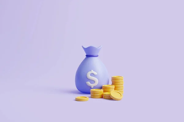 白いドル記号と紫のパステルカラーの背景に金のコインのパイとマネーバッグ ミニマリストの漫画スタイル ビジネス 金融投資または貯蓄の概念 3Dレンダリング図 — ストック写真