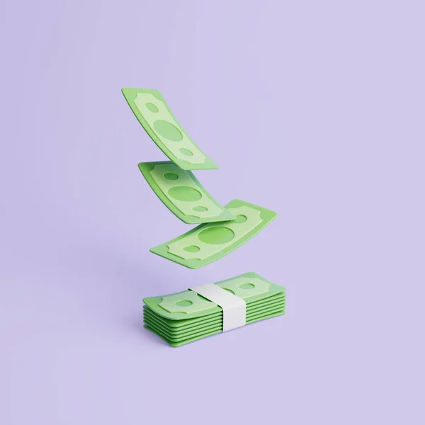 Satz Geldbündel Und Banknoten Die Auf Violettem Hintergrund Schweben Dollar — Stockfoto