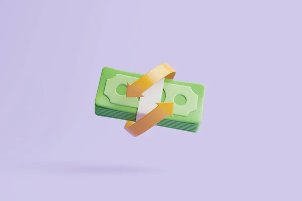 一束紫色背景的金色箭头的美元钞票 货币支付 经济和商业概念 简单的3D演示 — 图库照片