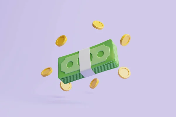 紫色の背景に浮かぶお金と金貨の束のセット 米ドルだ お金と支払いの概念 シンプルな3Dレンダリングイラスト — ストック写真