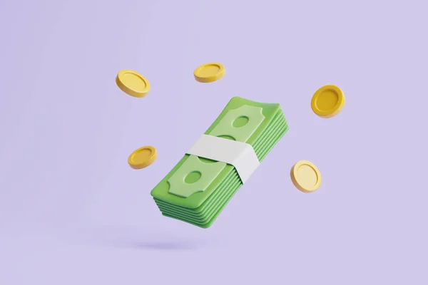 Sada Balíčků Peněz Zlatých Mincí Plovoucí Pastelově Fialovém Pozadí Americké — Stock fotografie