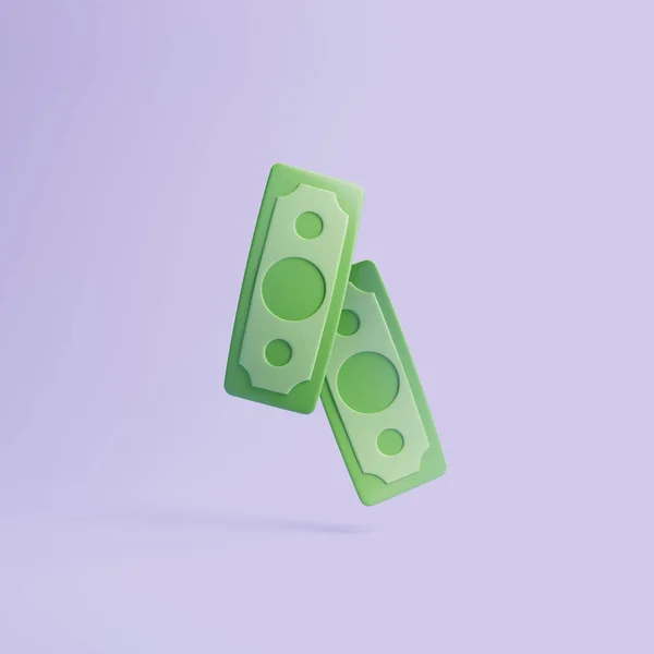 紫色の背景に隔離された緑の紙幣 お金と支払いの概念 ミニマリストの3Dレンダリングイラスト — ストック写真
