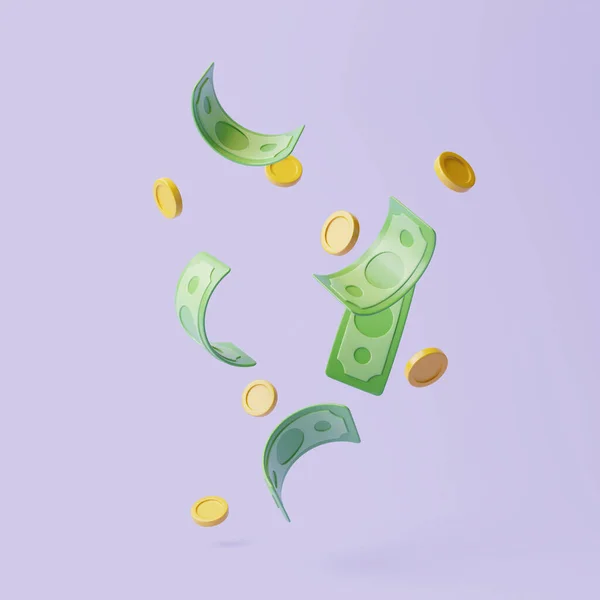 Mor Pastel Arka Planda Yüzen Altın Paralarla Dolu Banknotlar Para — Stok fotoğraf